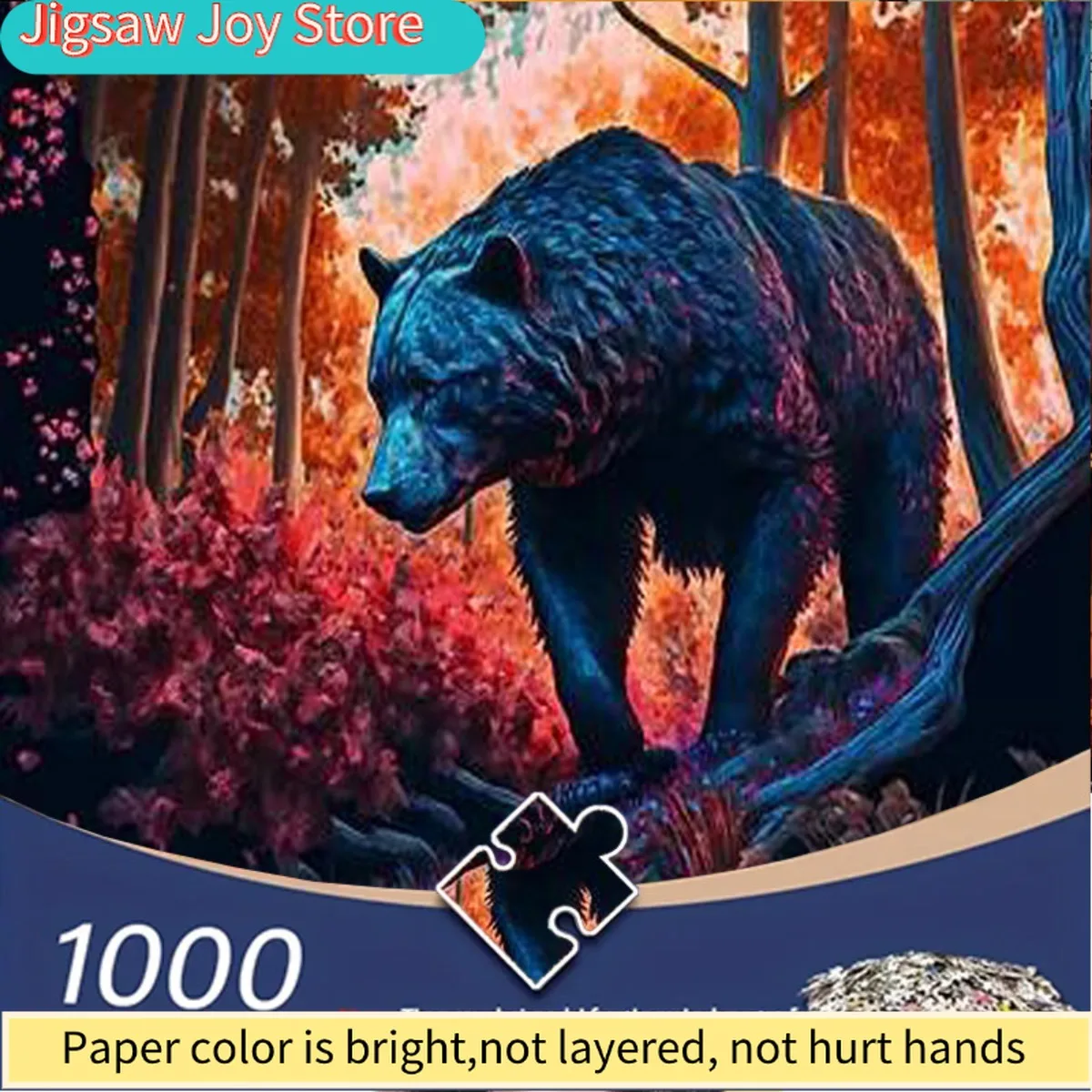 

1000pcs adult jigsaw puzzle - dark blue bear walking in the woods with red autumn leaves. Suitable for educational and leisure