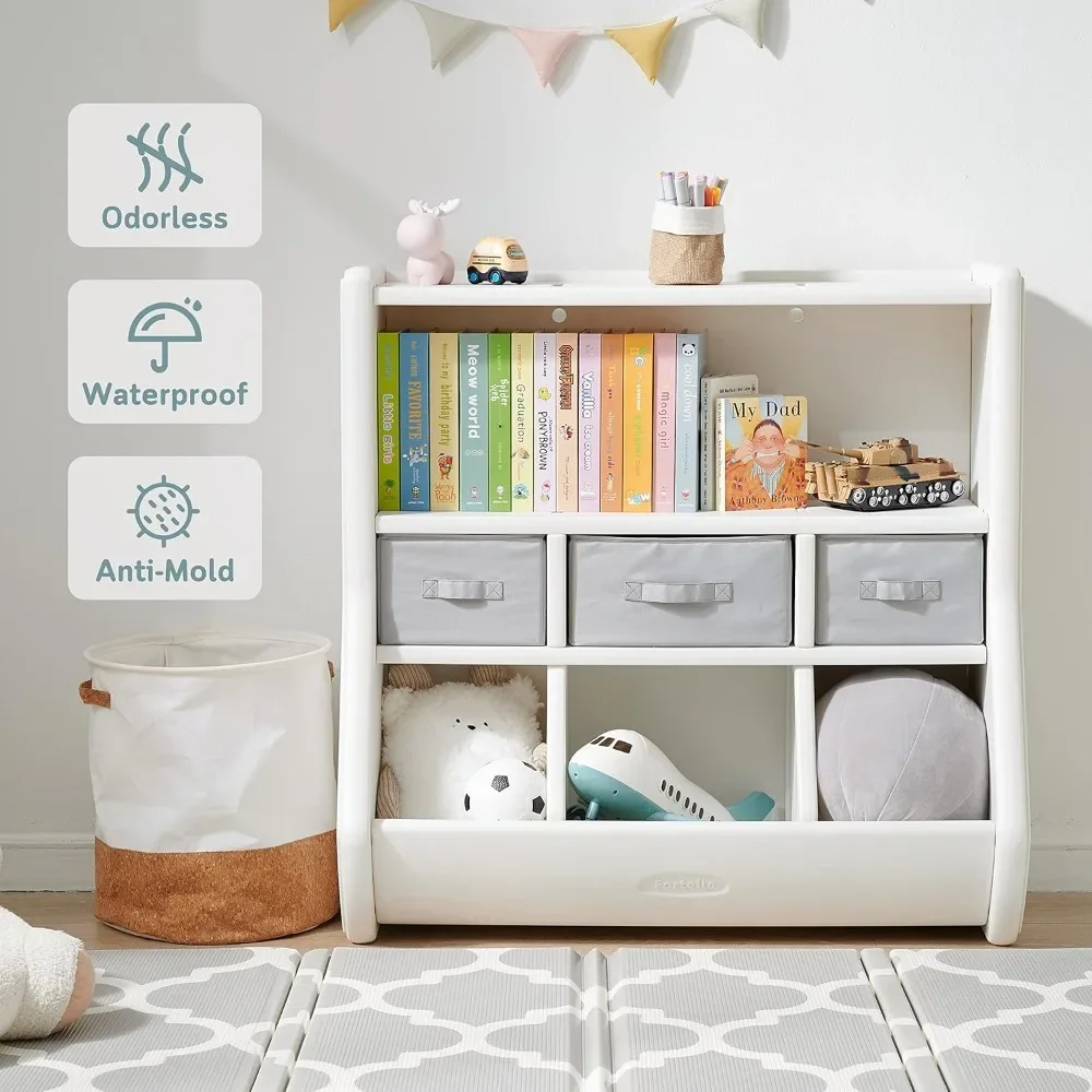 Organizer Bookshelf, Display Shelf, 3 Large Bins, and 3 Removable Drawers,  Safe and Modern Toy Box Cabinet for Kids