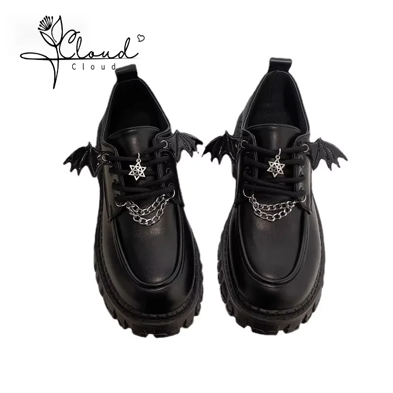 

Punk Wind Fashion Single Shoes Autumn New Devil Bat Wings Gothic Women's Shoes Thick Bottom Waterproof Platform Metal Chain