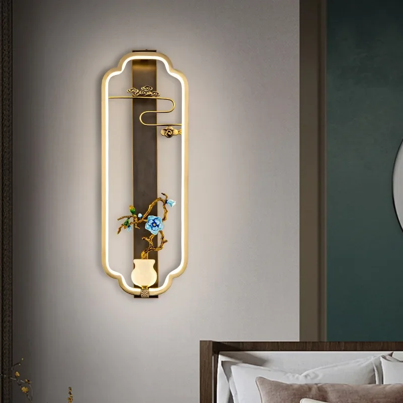 Lampu dinding Cina baru, lampu dinding latar belakang TV ruang tamu, gaya Cina baru yang seluruhnya terbuat dari tembaga, lorong masuk kamar tidur, lampu samping tempat tidur