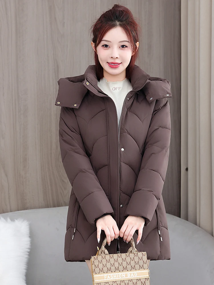 

Winter Women's Mid-Length down Cotton Jacket Removable Hat Long Sleeve Warm Coat New 2025 Straight Tube Style Zipper Closure