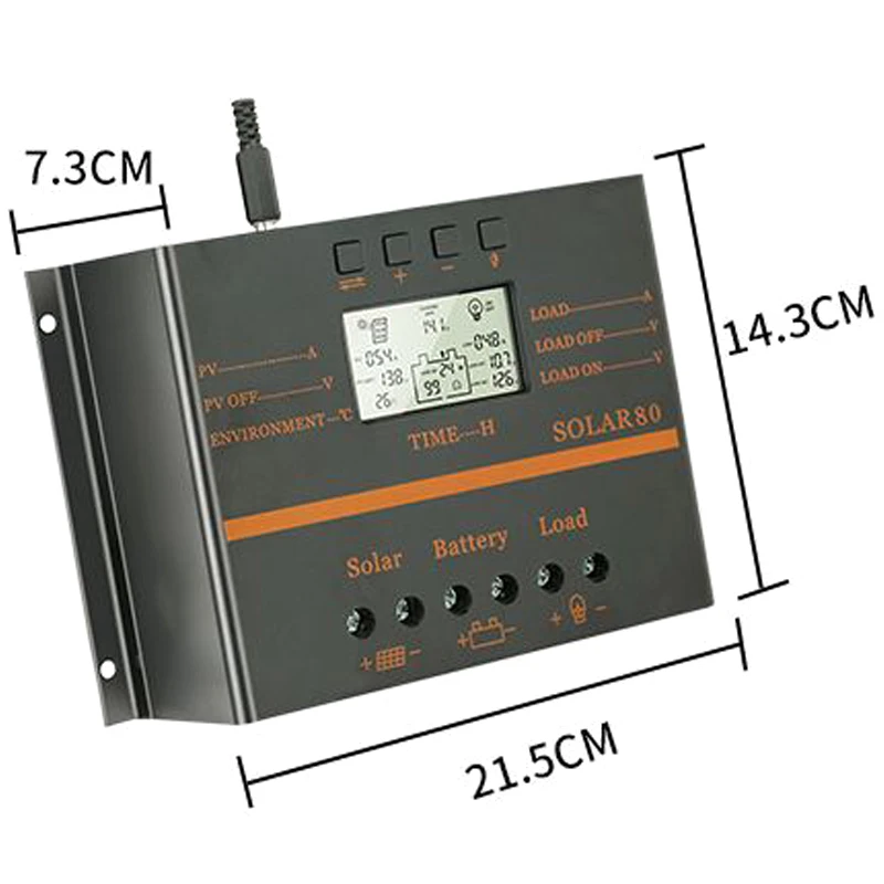 Imagem -04 - Controlador Solar Pwm com Display Lcd Carregador Automático Painel Solar Regulador de Carregamento da Bateria Usb 5v 80a 12v 24v