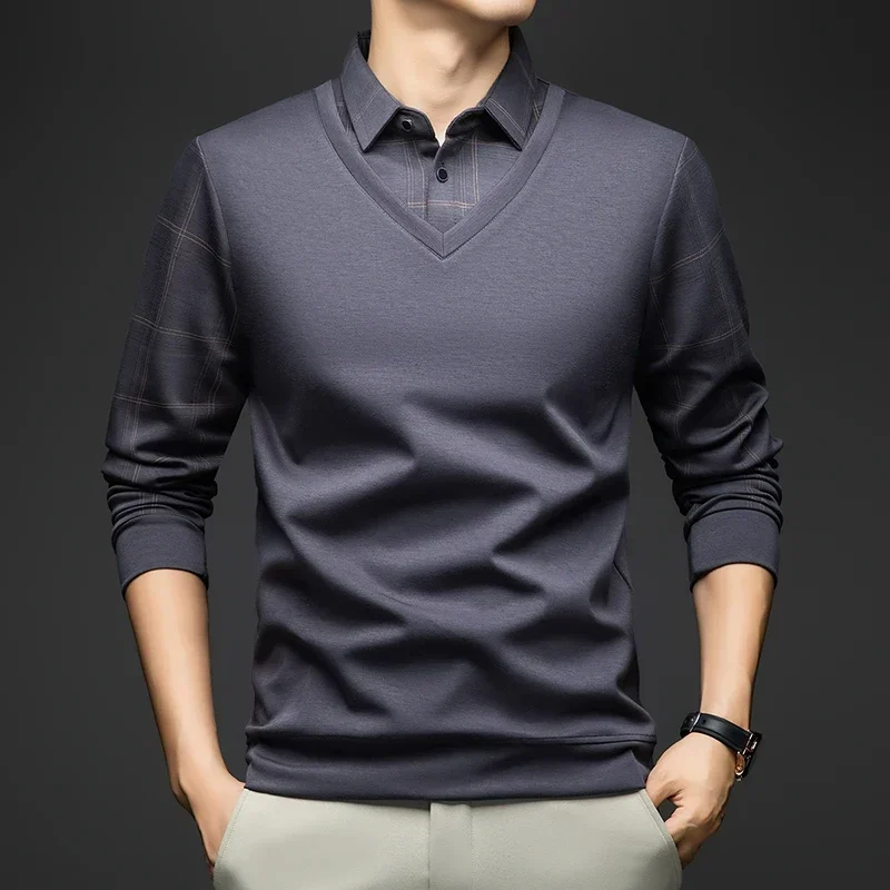 

Spring Autumn Elegant Long Sleeve Polo Shirts Men Golf Wear Fake Two Design Polo Shirt Oversized Tops Tees for Man Polo Shirt