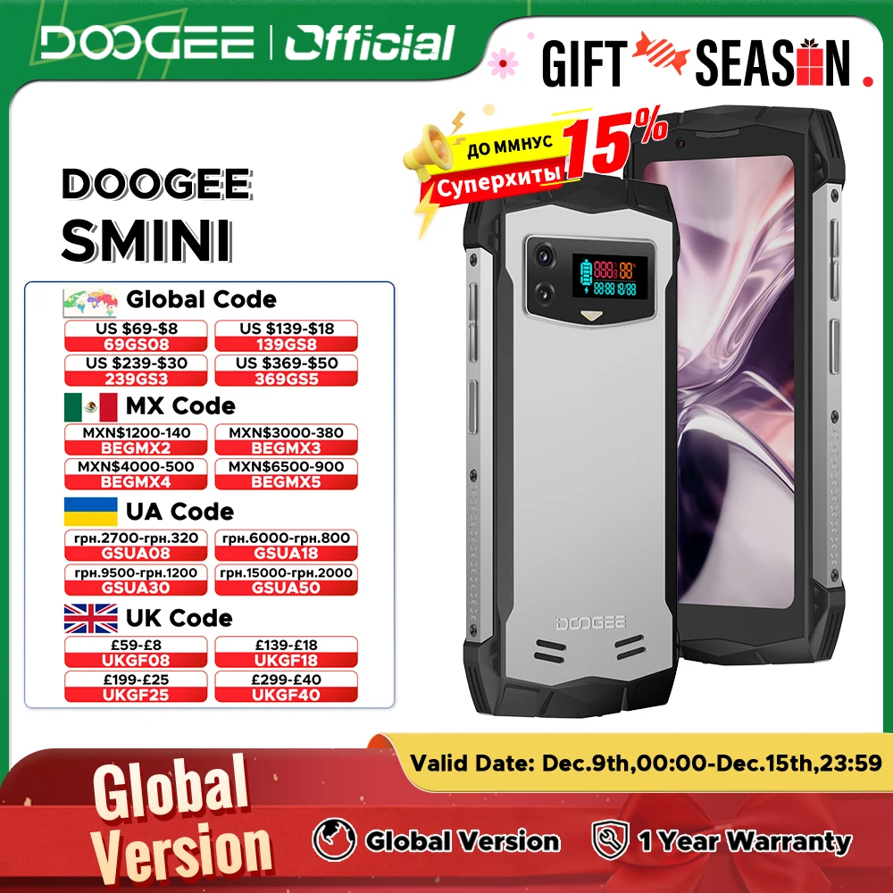 Global Version DOOGEE Smini Rugged Phone 4.5” qHD Display 50MP Camera 15GB(8+7) 256GB Innovative Rear Display 3000mAh 18W Charge