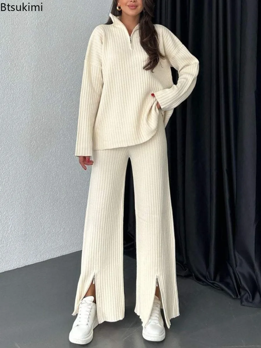 2026 Women's Zipper High Neck Ribbed Two Piece Pant Sets Casual Pullover Warm Tops and High Waist Split Wide Leg Trousers Suit