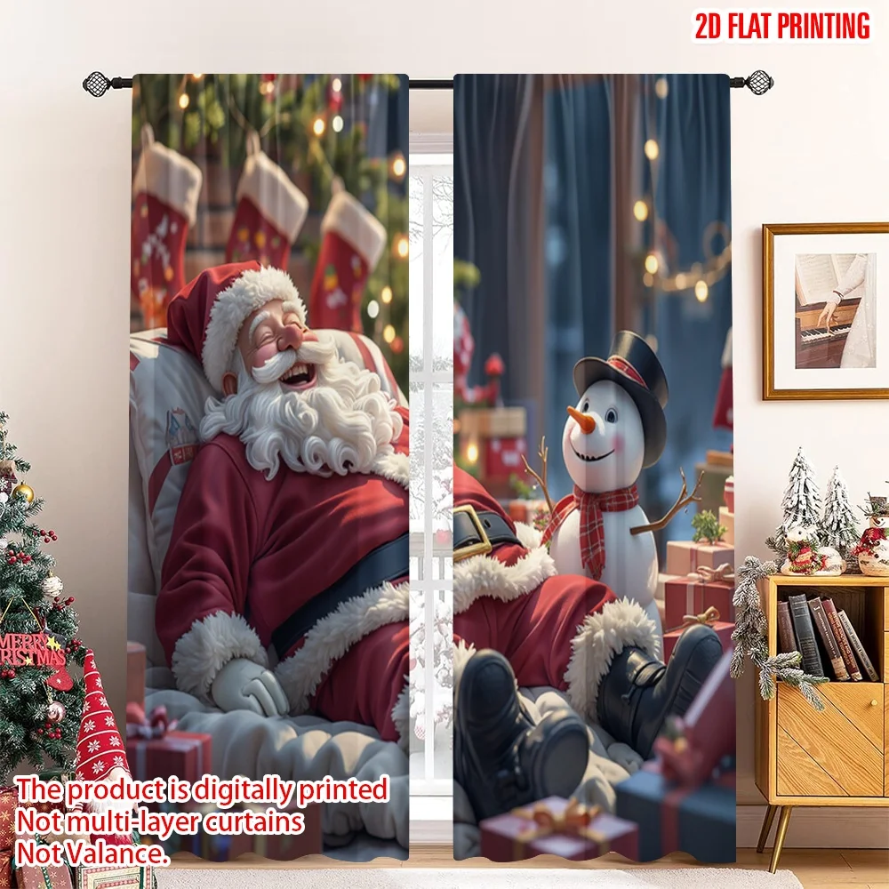 

2pcs 2D flat printing Christmas Party Curtain Santa Sleeping Snowman Gifts Polyester Fabric Without Electricity Spring Perfect