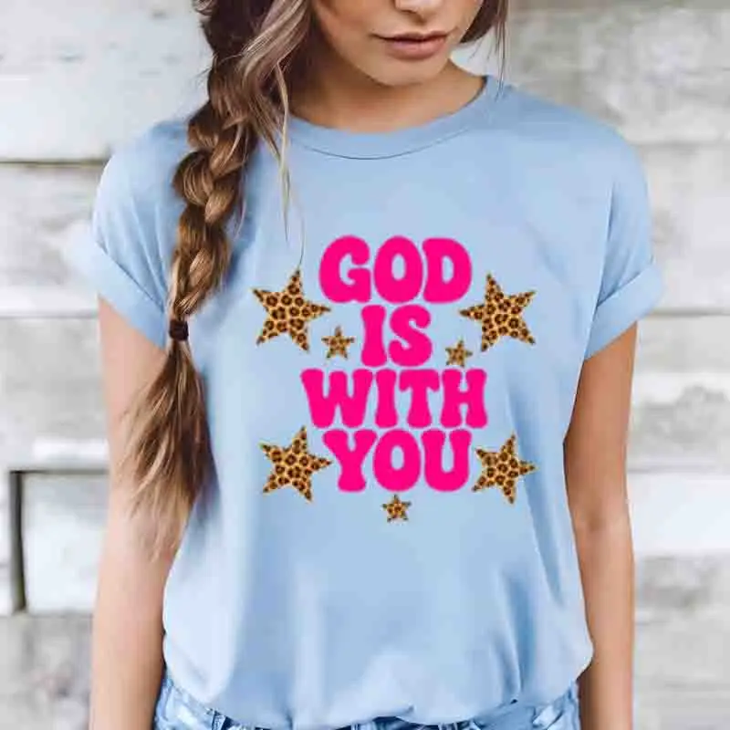 God Is With You T-Shirt Preppy Y2K Religious Jesus Motivational Tee Retro Women Christian Faith Bible Verse Top