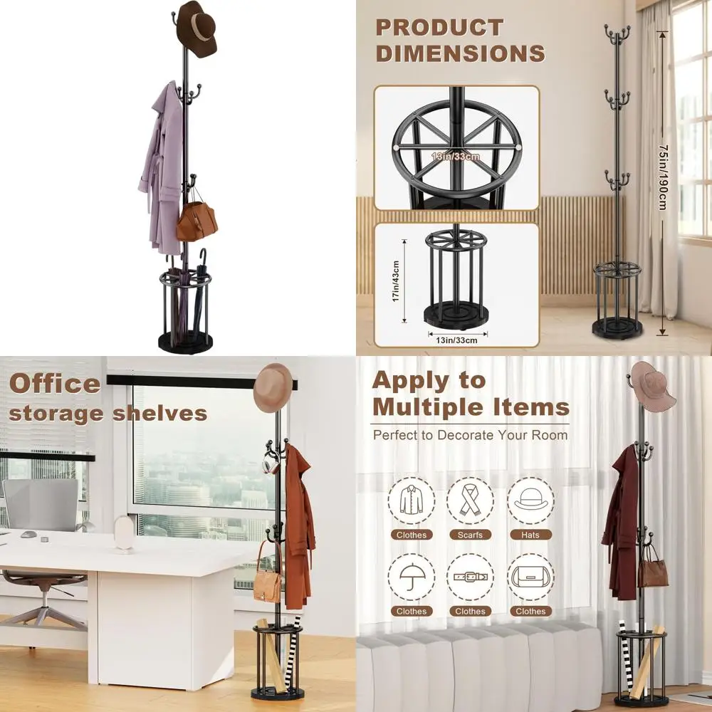 

Freestanding Coat Rack with Umbrella Stand, 12-Hook Hanger for Hats & Bags, Ideal for Home & Office - Black