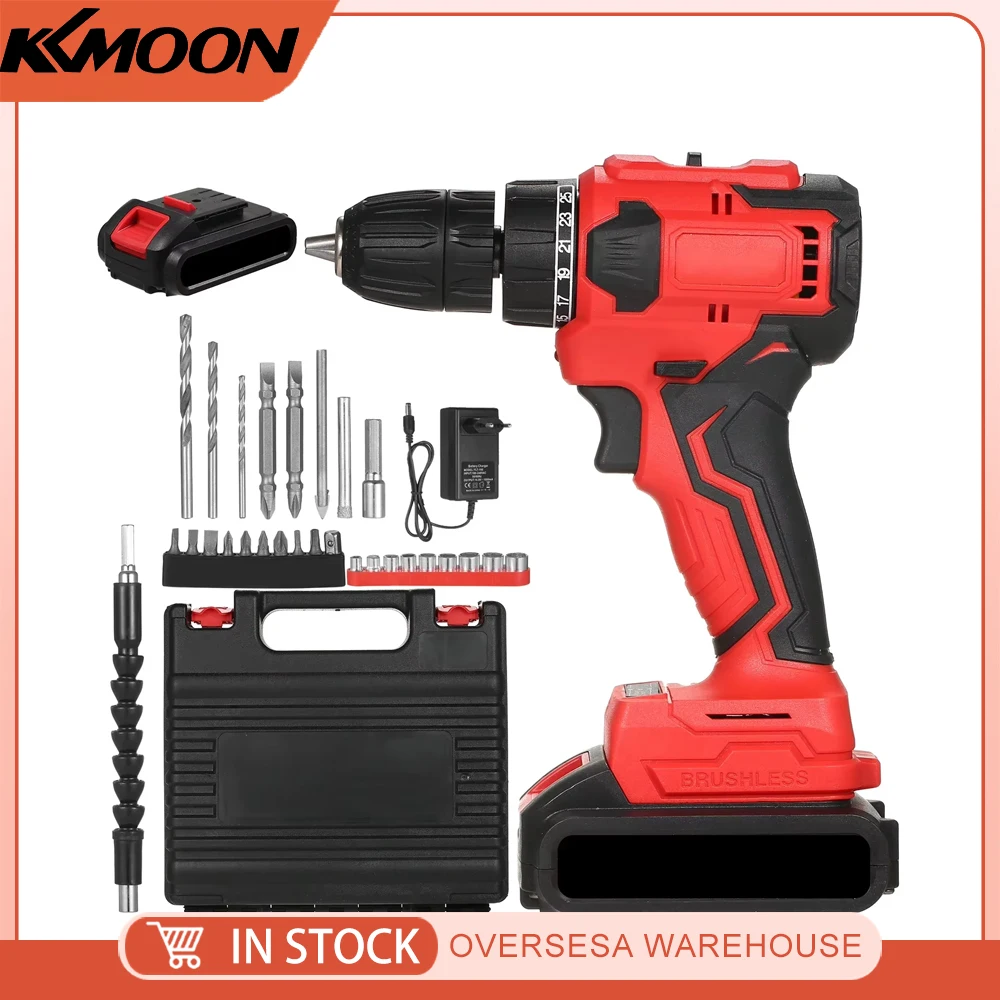 21V Brushless Lithium Drill Set 3/8in Chuck Heavy Duty Electric Drill Power Screwdriver with Bits Sleeves Extension Shaft LED