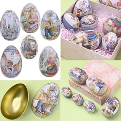 Easter Egg Shaped Tin Candy Box Vintage Rabbit Bunny Printed Metal Tinplate Eggshell Cookies Container Easter Day Kids Favor Toy