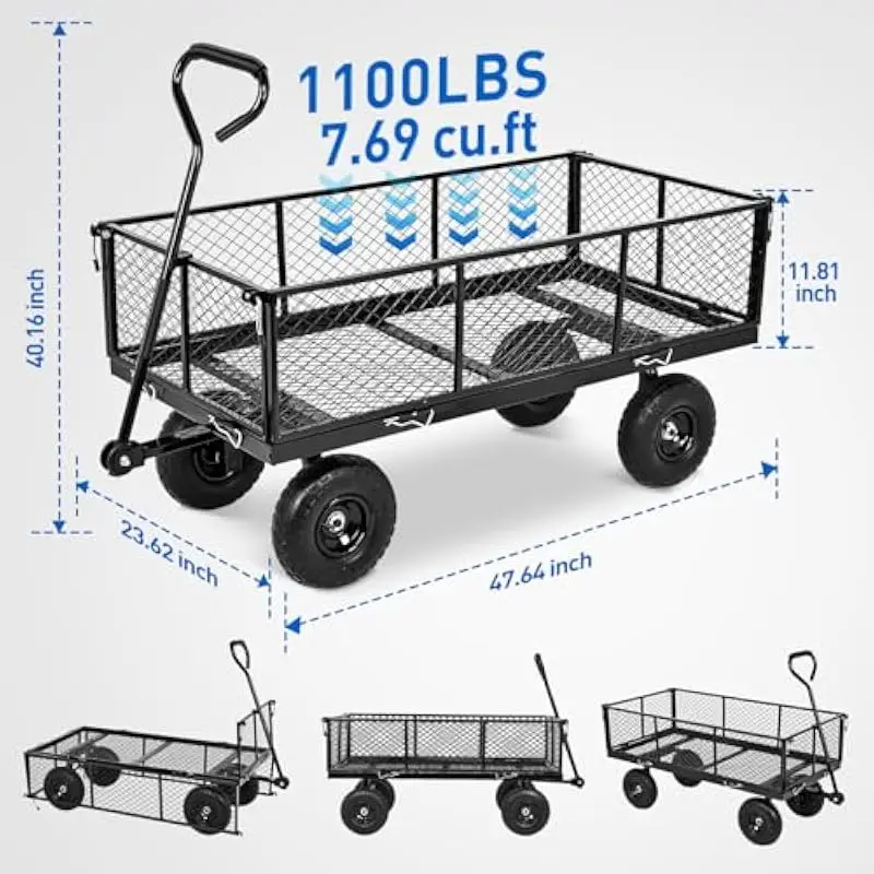 Heavy-Duty Steel Dump Cart with 1100 lb Load Capacity • 2-in-1 Convertible Fenced or Flatbed Design • 7.69 cu ft Cargo Volume •