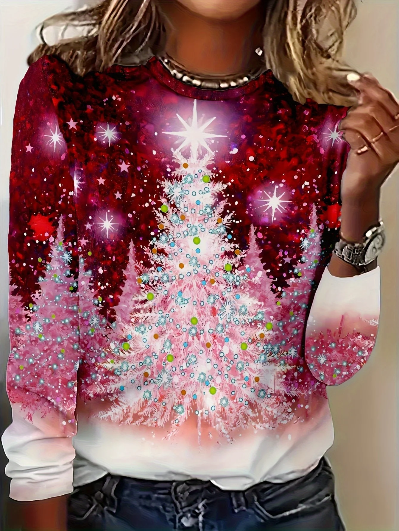 Women Crew Neck Long Sleeve T‑Shirt Pink Christmas Tree Glitter Star Gradient Print Casual Loose Fit Ladies Holiday Daily Tops - view 2