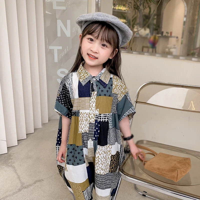 Children Resort Beach Overalls Girls Korean Style Summer Jumpsuit Fashionable Sweet Turn Down Collar Splicing Loose Jumpsuit