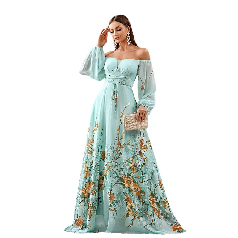 11 فستان زفاف شيفون مطبوع موضة خارج الكتف فانوس كم فستان رخيصة الجنية 2025 فستان صيفي رداء Vestido النساء