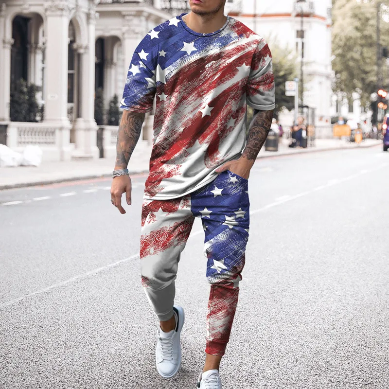 Men\'s T-shirt Long Pants Tracksuit American Flag 3D Print T Shirts Trousers Sets 2 Pieces Streetwear Oversized Suits Sportswear