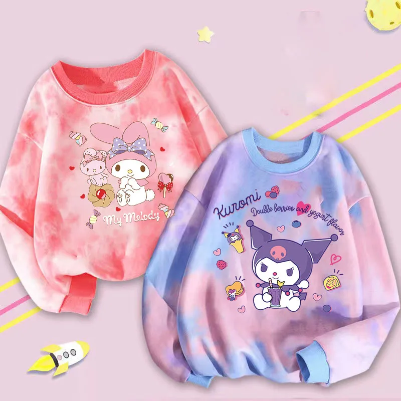 2024 New Spring Autumn Sweatshirt Children Kuromi StellaLou Tie Dyed Pullover Kids Girls Fashion Cute Cartoon Long Sleeve Top