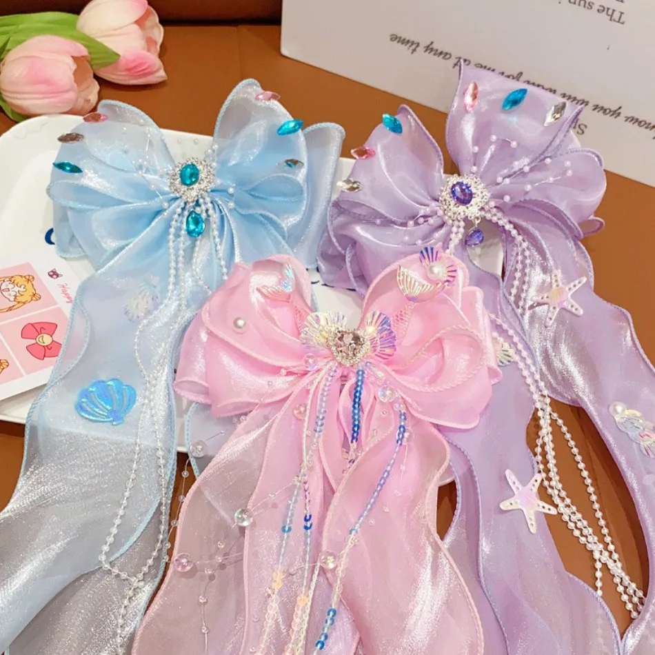 Children Hairpins Bow Streamers Hairpin Veil Super Cactus Princess 3D Diamond Tassels Girls Hairpin Hair with Long Ribbon TM04