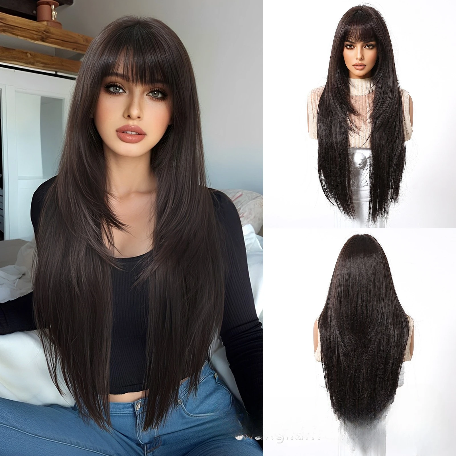 

Wig female long hair long straight hair new full hood air bangs black long straight layered fashion wig