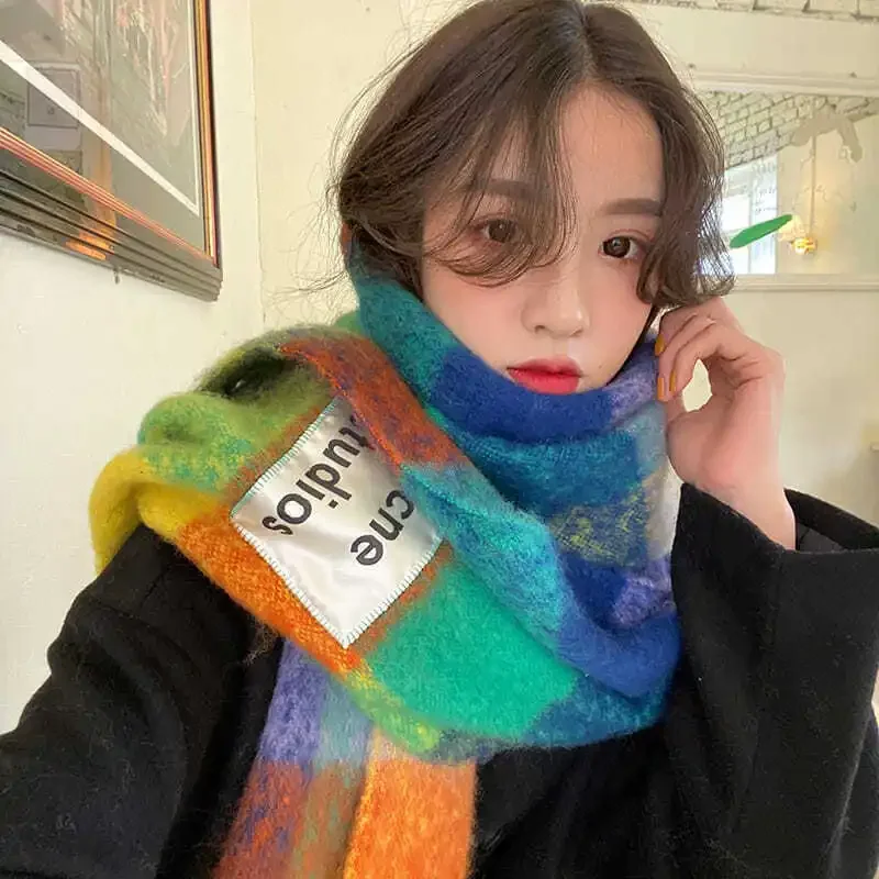 Korean Rainbow Fringe Scarf Winter Warm Square Shawl Couple Wrap Unisex Neck Warmer