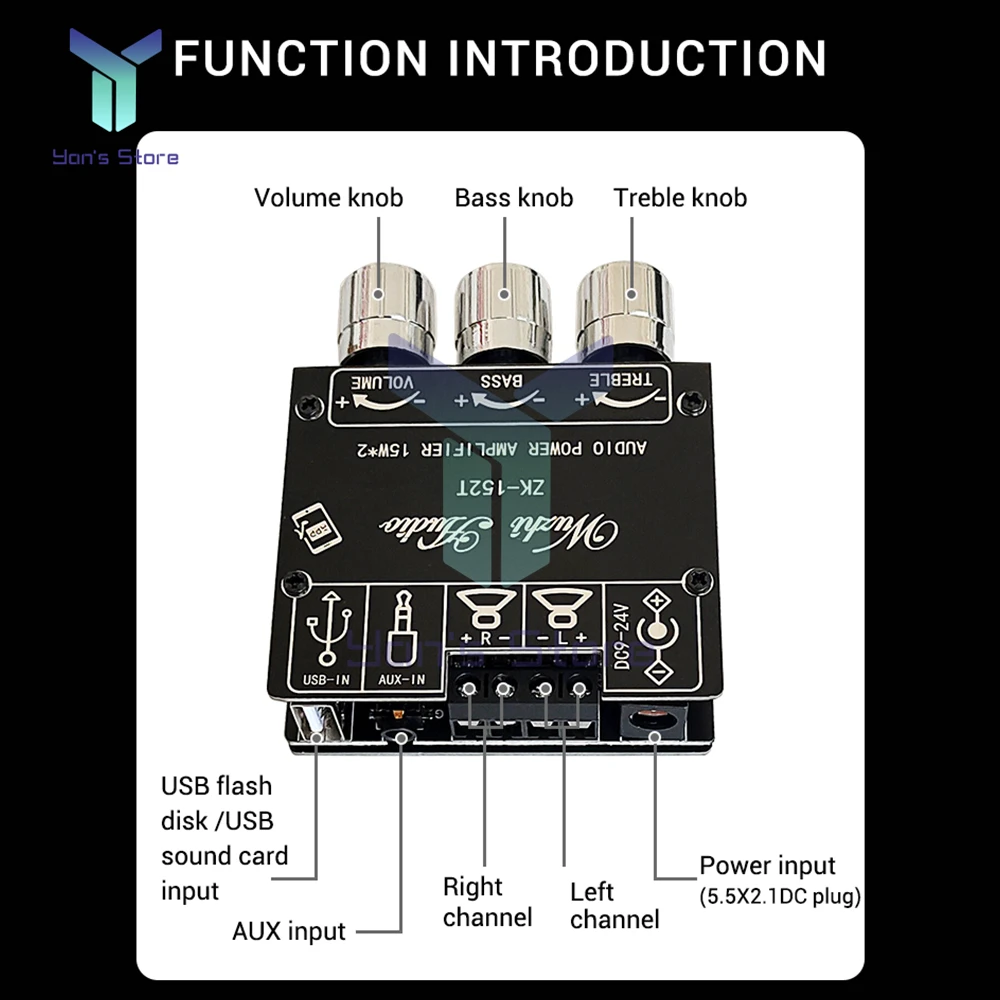 ZK-152T Modul Papan Amplifier Daya Digital Bluetooth 2.0 Stereo Saluran Ganda 15W + 15W dengan Fungsi Kontrol Volume