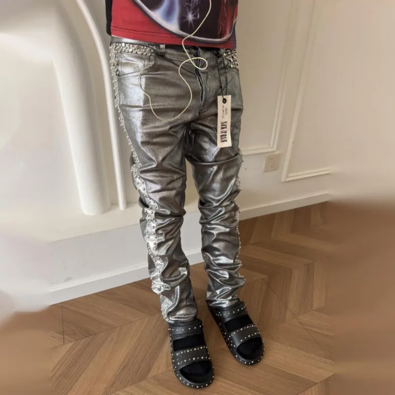 HKSH Spring Autumn New Men Tide Chic Ins Dark Punk Silver Coated Rivet Skinny Jeans High Street Slim-fit Denim Pants Y2K HK27315