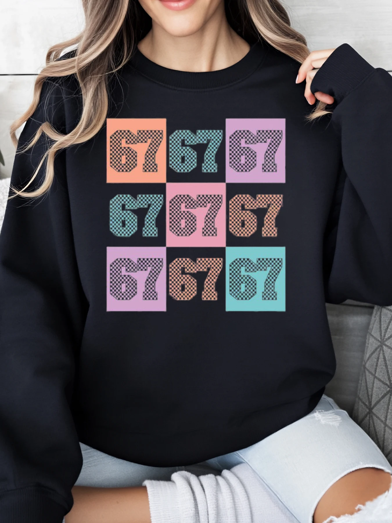 

67, толстовка с принтом цифр на Хэллоуин, женская повседневная одежда, наряд для вечеринки, черный, больших размеров