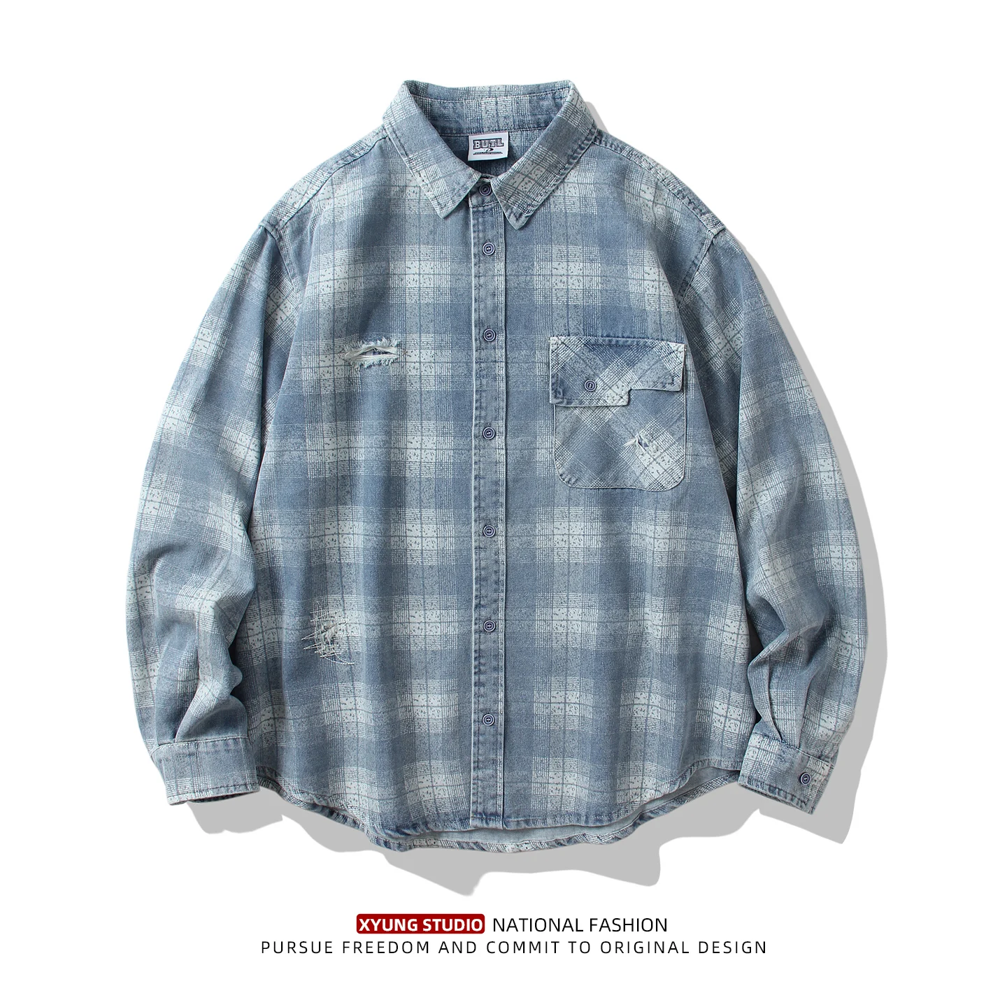 

Retro American Plaid Long Sleeve Denim Shirt Loose Fit Men's Women's Couple's Shirt Jeans Jacket Spring 2026 New Style