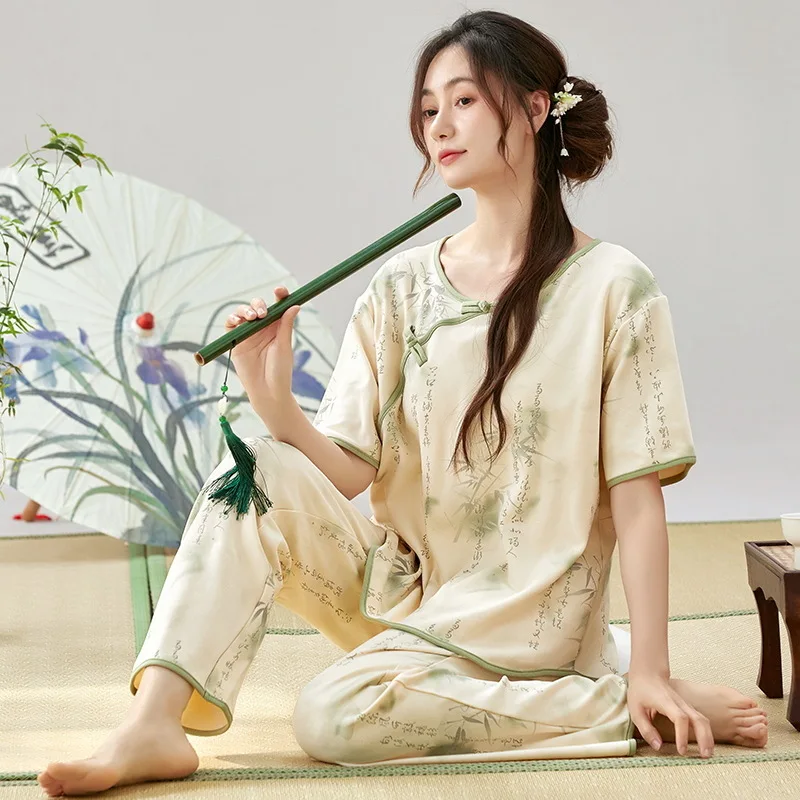 

Cotton Summer Sleepwear Women's Casual Cartoon Short Sleeve Long Pants Home Clothes Set Breathable Cool Feeling round Neck