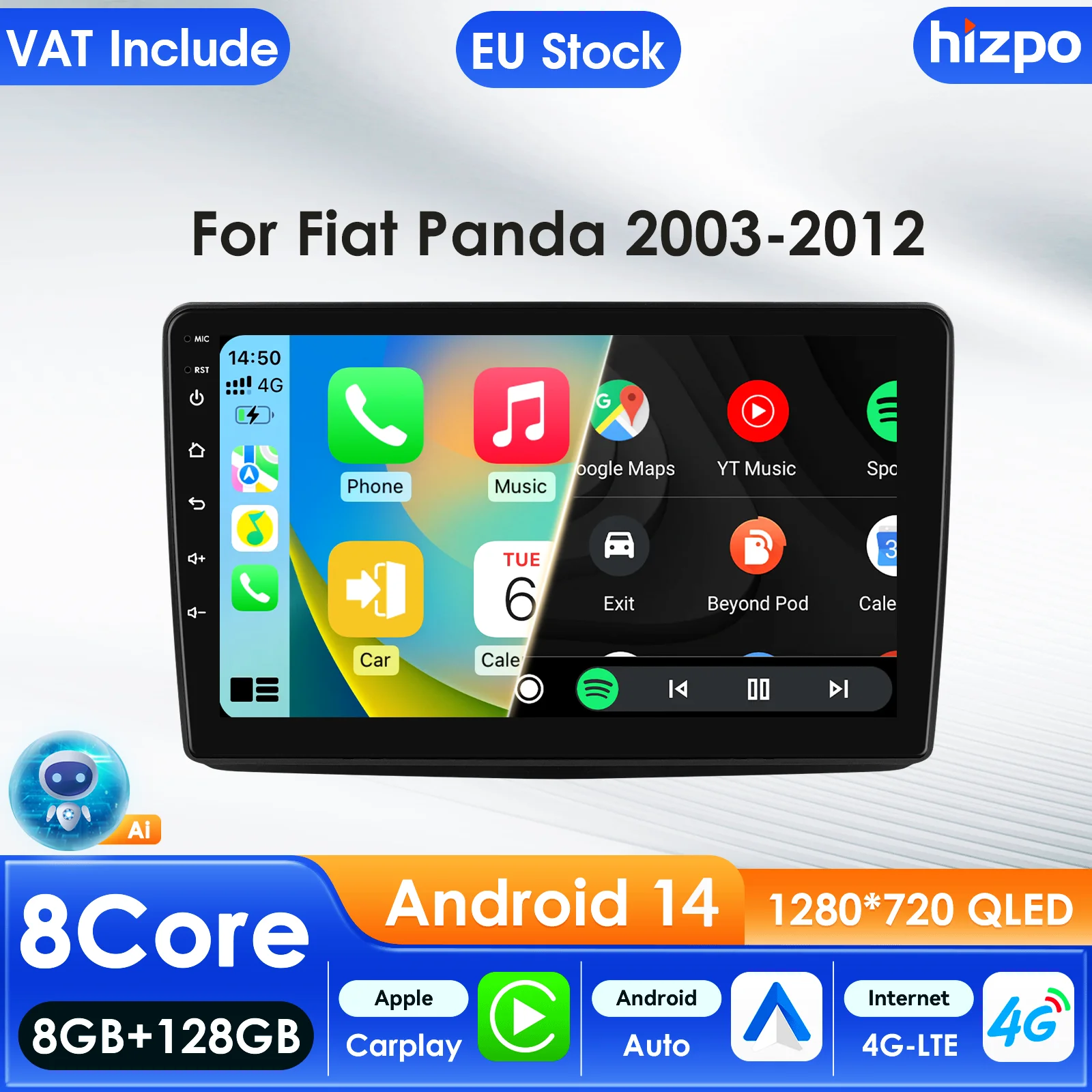 Hizpo Carplay 4G AI Systeme Android Auto Radio für Fiat Panda 2003-2012 Panda Van 2007 Video Player Multimedia GPS Autoradio BT