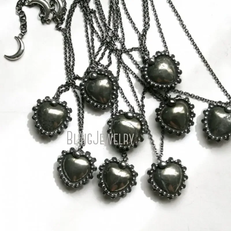 10pcs Petite Pyrite Crystal Puffed Heart Stone Witch Boho Valentine Love Spell Talisman Jewelry Gothic  Chain Necklace Grunge