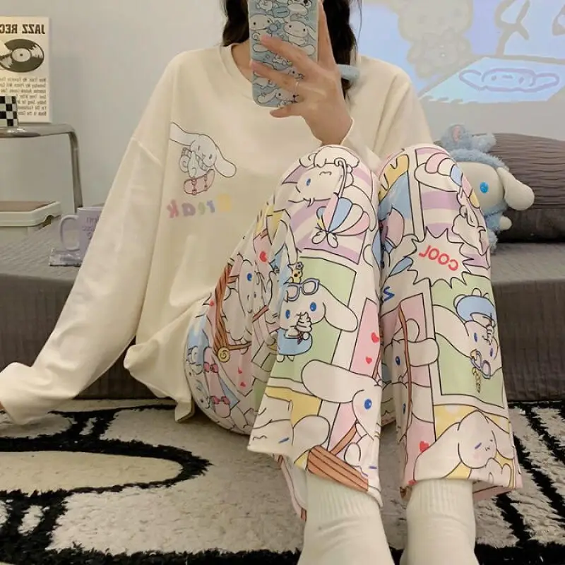 

Женские пижамные комплекты Hello Kitty Kawaii с героями мультфильмов на весну и осень, длинные брюки с длинными рукавами и круглым вырезом, домашняя одежда, подарок, новый стиль