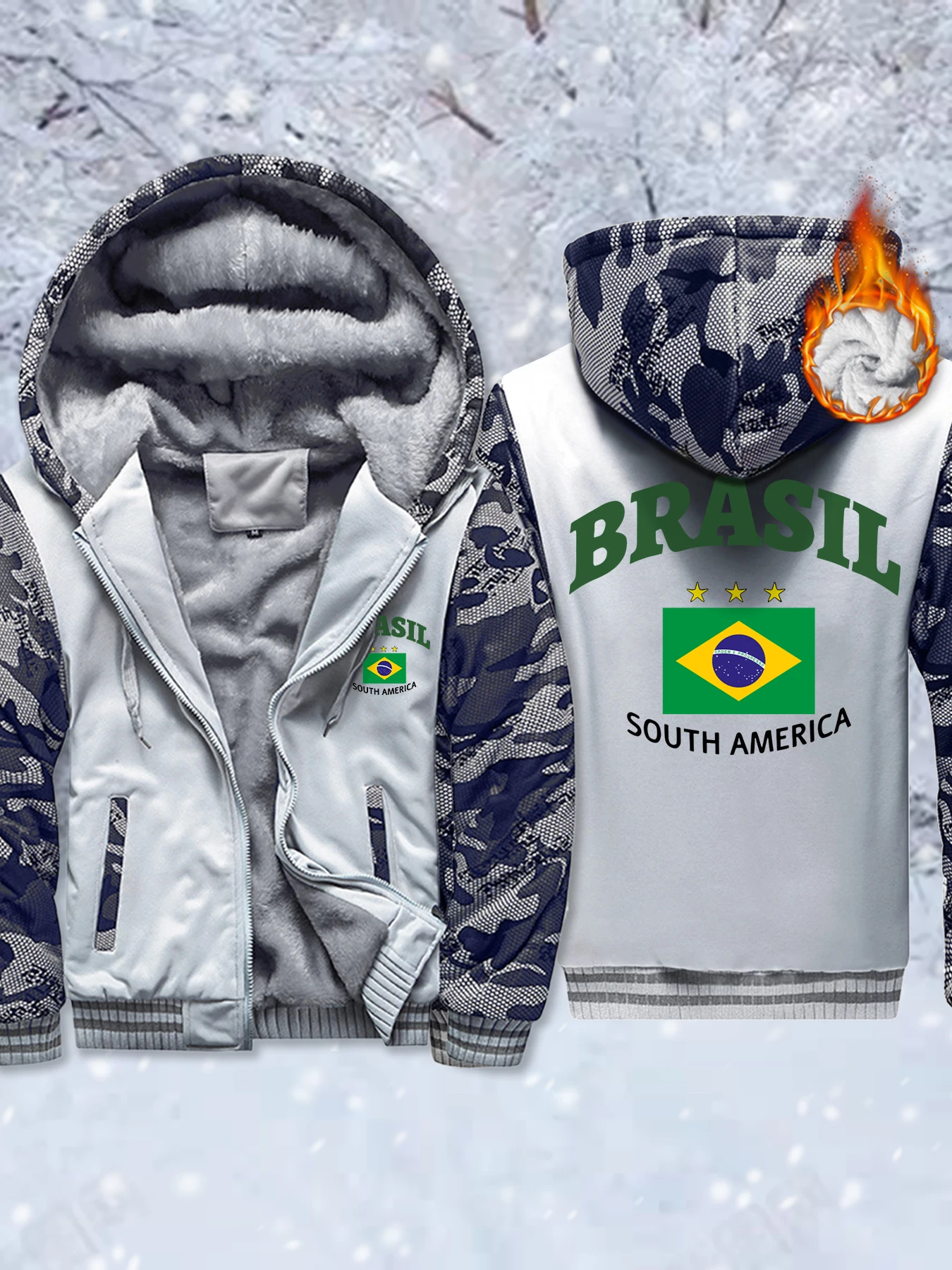 

Brasil South America Print Man'S Zipper Jackets Fleece Warm Jacket Fashion Casual Outdoor Hoodies Thickened Soft Clothing