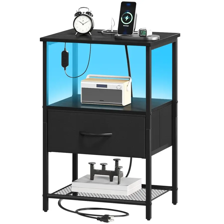 

Прикроватная тумбочка с зарядной станцией и LED-подсветкой для спальни, прикроватный столик для общежития, гостевой комнаты, детской, прачечной