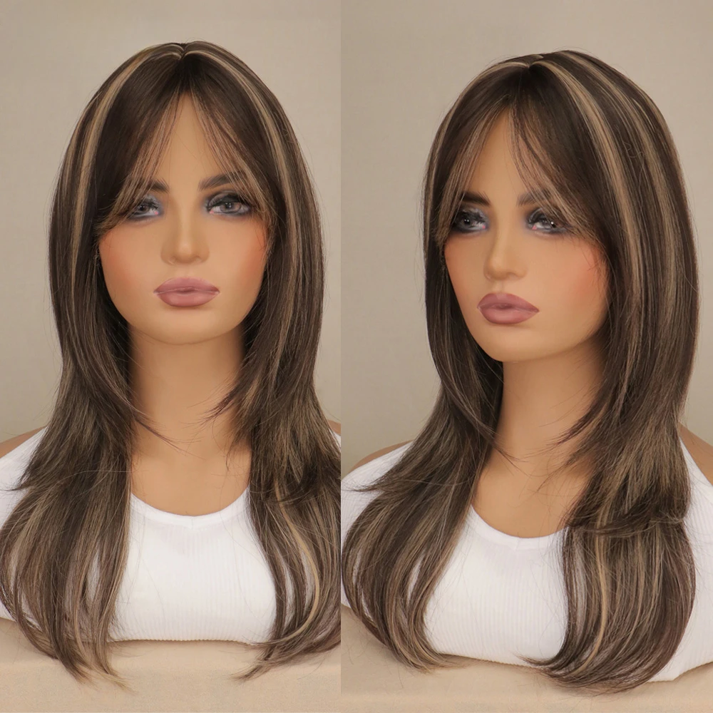 Synthetic Hair Long Wavy with Camel Highlight Natural Wig with Bangs Heat Resistant Wigs for Women