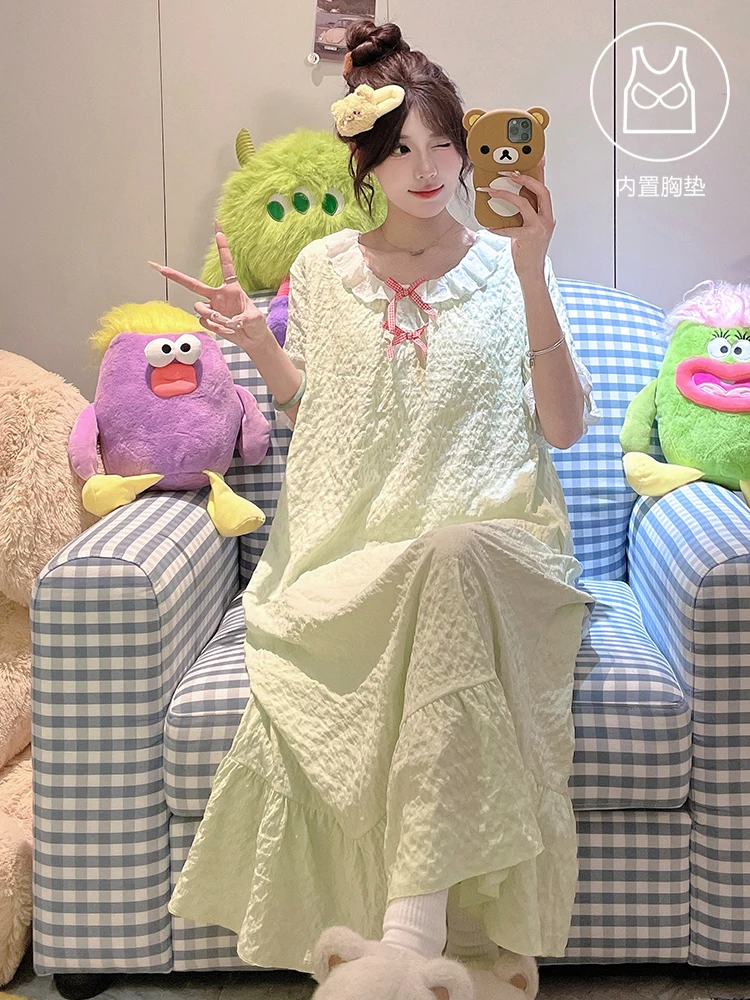 DAIMELU nightgown lady princess wind milk whirring nightdress with chest pad women's summer cloud cotton sexy girl cute pajamas