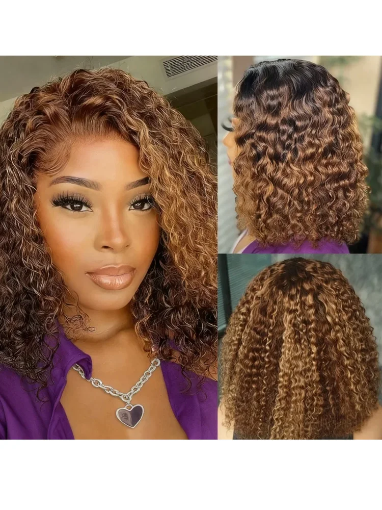 Highlights Ombre Bobpruik van Echt Haar 5x5 HD Kant Sluiting Pruik Krullend Kort Honingblond Gekleurd Lijmloze Deep Wave Frontal Pruiken 16 inch - afbeelding 2