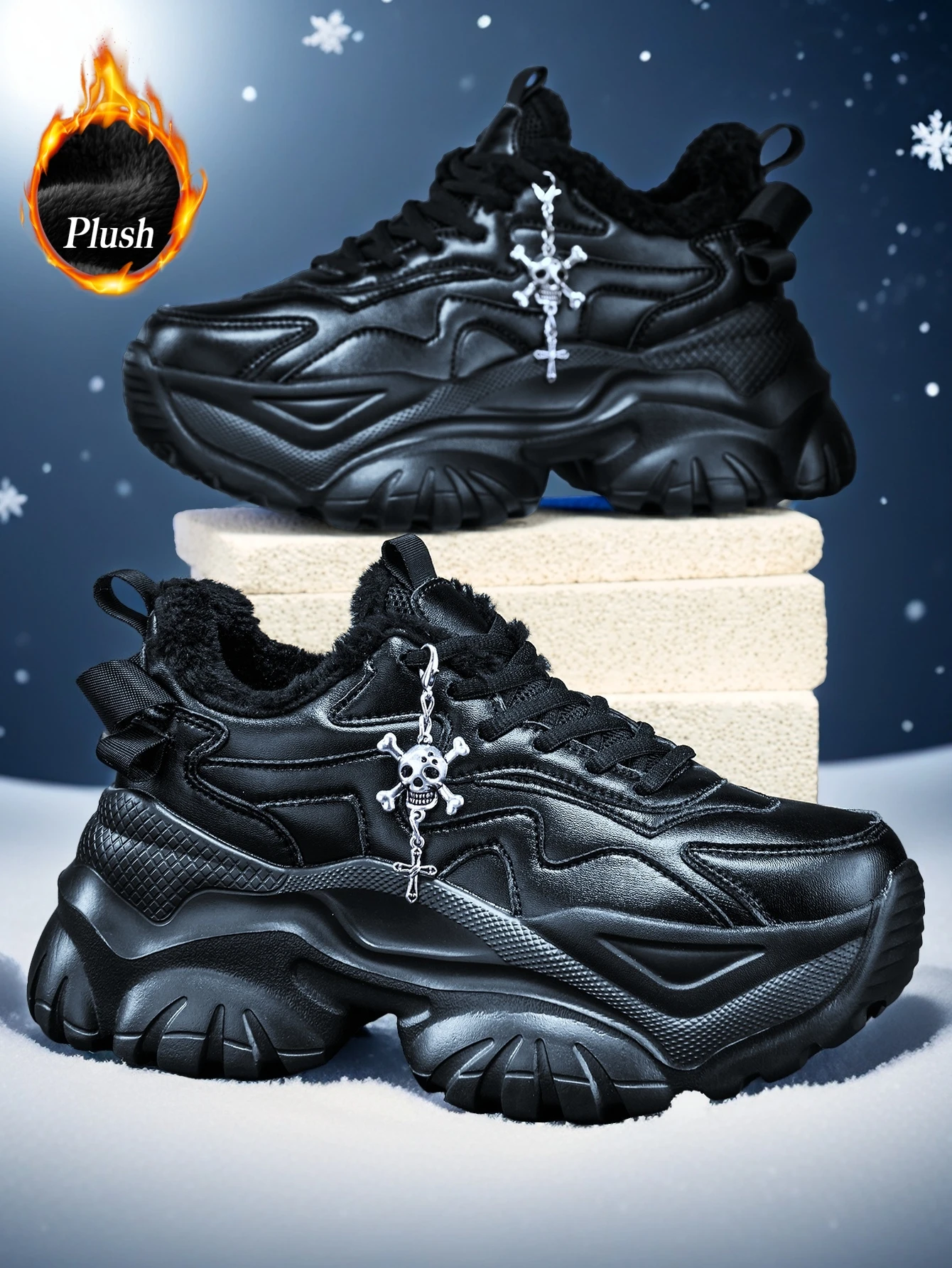 Schwarze vulkanisierte Schuhe im Y2K-Sweet-Cool-Stil für Damen, leichte Eva-Sneaker mit dicker Sohle und 7 cm Absatzhöhe, mit abnehmbarem silberfarbenem Kreuz-Schädel-Anhänger, geeignet für Outdoor-Winterwärme – Detail 5