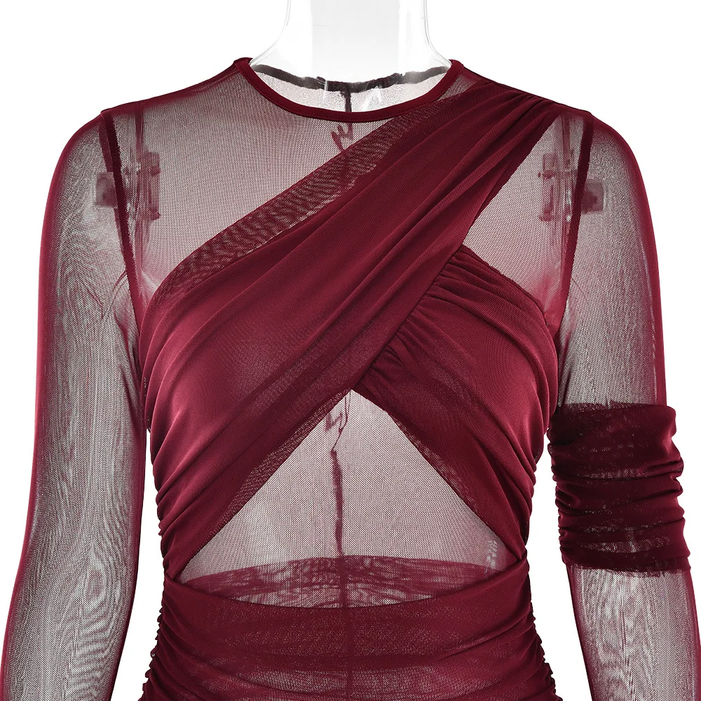 Outono nova malha retalhos vestido de manga longa bodycon festa clube vestidos noite sexy dupla camada perspectiva vestidos roupas