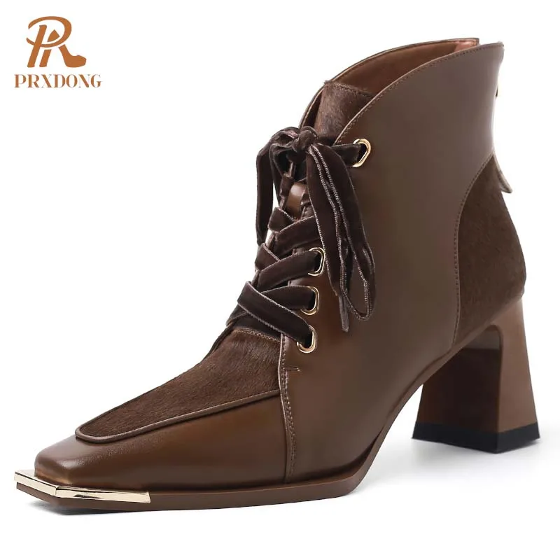 PRXDONG New Brand 2024 Autumn Winter Warm Ankle Boots Square High Heels Black Brown Lace Up Dress Party Female Shoes Size 34-40