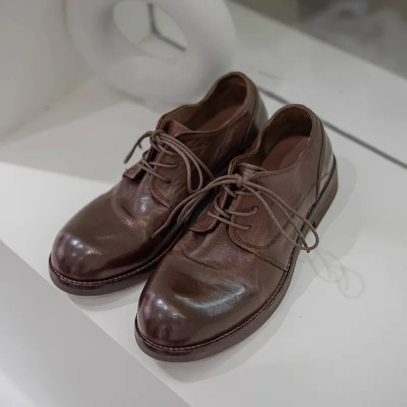 

Designer Brown Round Toe Casual Leather Shoes Men Handmade Derby Genuine Leather Dress Business Work Wedding Shoes Male