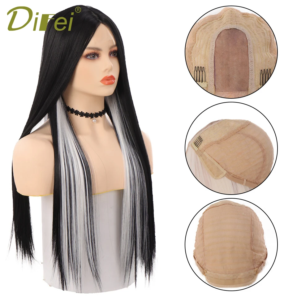 DIFEI Synthetic Wig Female Long Straight Hair Split Hand-woven Lace Gradient Fashion Natural Headgear