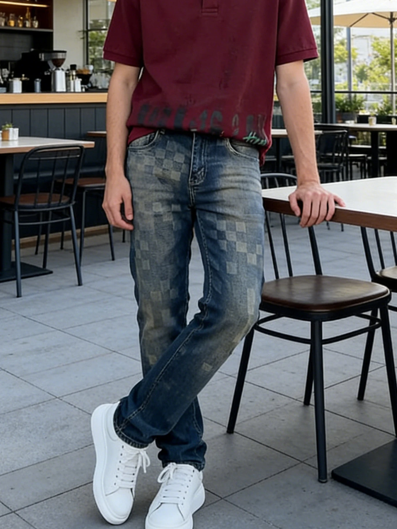 

American-style high street gradient checkered straight-leg jeans for men, vintage washed, loose, draped trendy long pants
