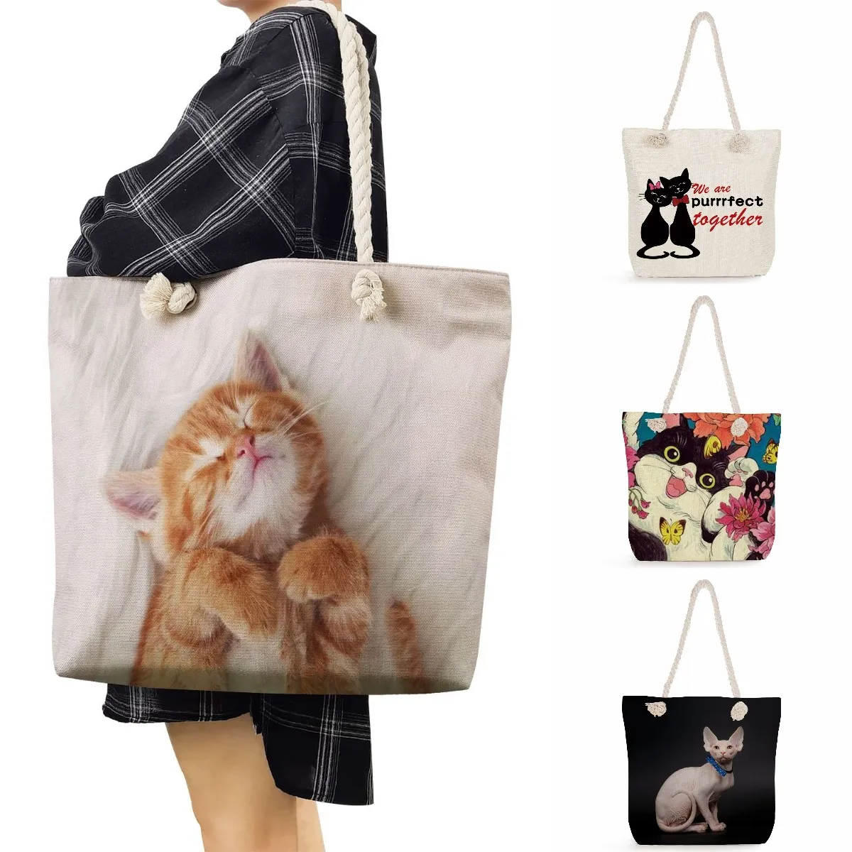 Cute Cat Print Handbags For Women Casual Groceries Large Shopping Bags Kawaii Animal High Capacity Shoulder Travel Beach Bags