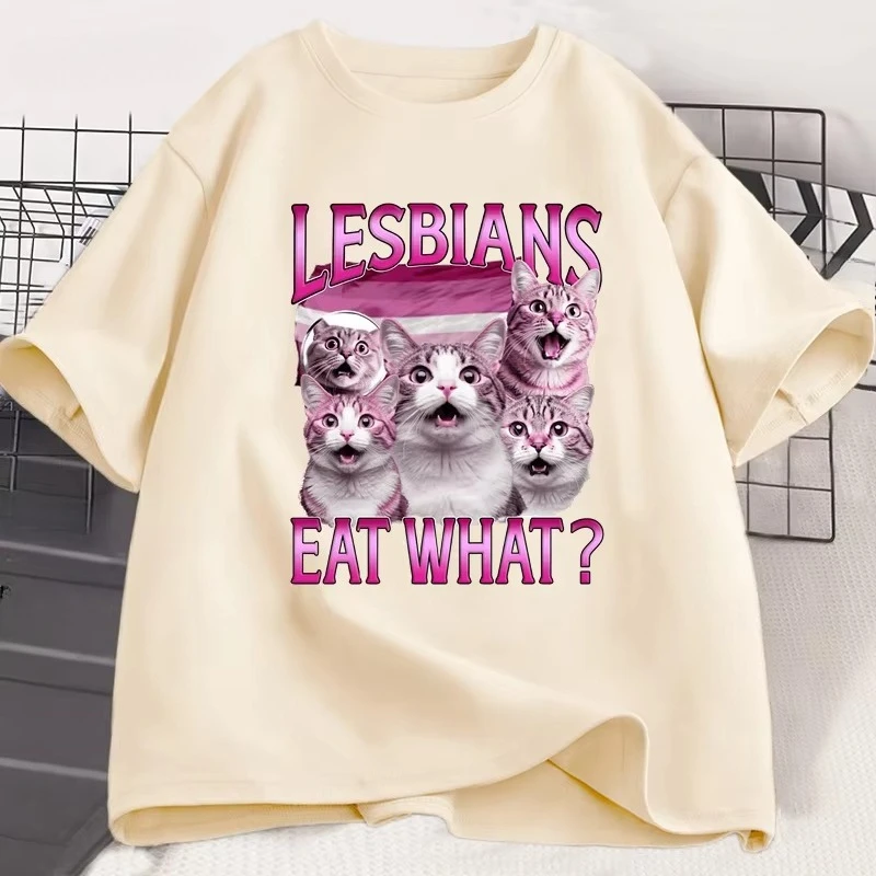 Lesbians Eat What Printed T-shirt LGBT Funny T Shirt Vintage Pride Lesbian Cat Tshirt Casual Men Women Cotton Tees Streetwear view 2