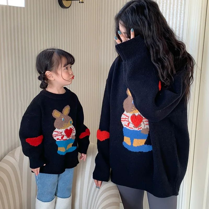 

Parent-child Sweater 2023 Winter New Cartoon Rabbit Elegant Lazy Mother Child Sweater 1-7Year Girl's Sweater Pullover