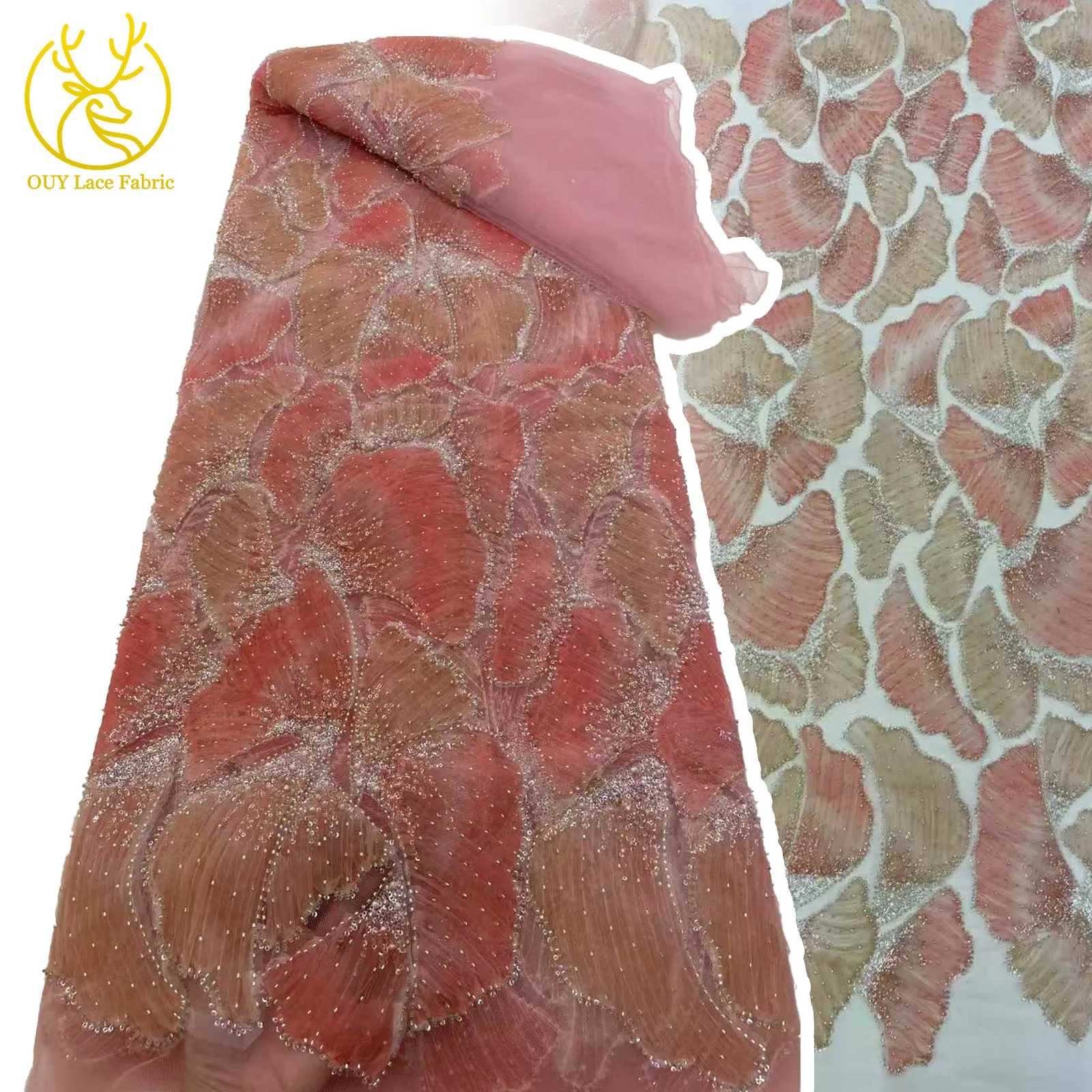

African Beaded Lace Fabric 2025 High Quality French Mesh Tulle Sequins Embroidery Wedding Party Bridal Lace Fabric Sewing 5yards