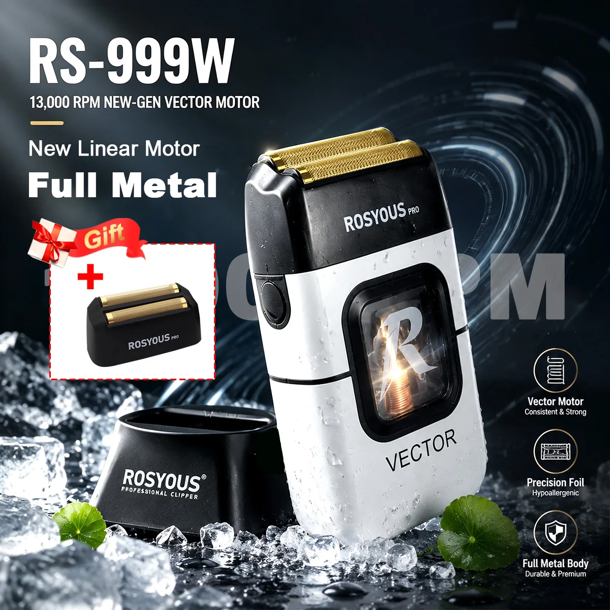 

ROSYOUS RS-999W Professional Shaver Male 13000RPM Magnetic Vector Motor Metal Body with Dock Reciprocating Shaving Machine