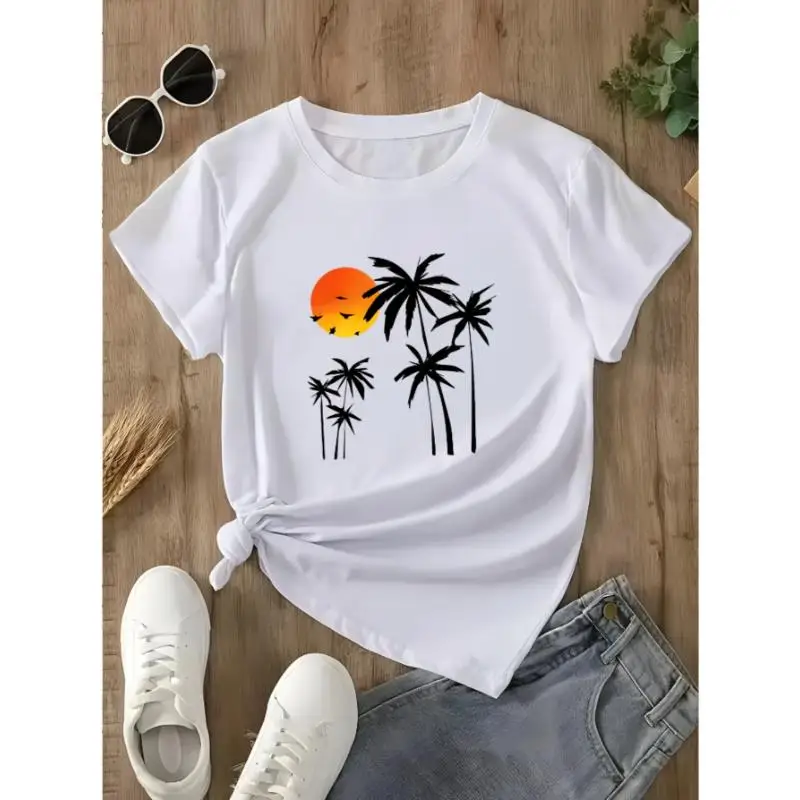 

Palm Tree T-shirt Women Summer Vacation Graphic Tee Tropical Sunset Top Casual Short Sleeve Cotton Beach Outfit