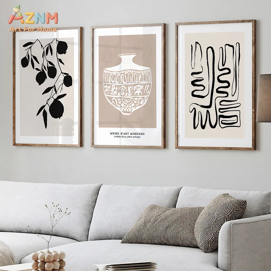 AZNM Neutral Boho Abstract Line Figure Canvas Wall Art Minimalist Tree Vase Geometric Shape Print Unframed Canvas Painting For B