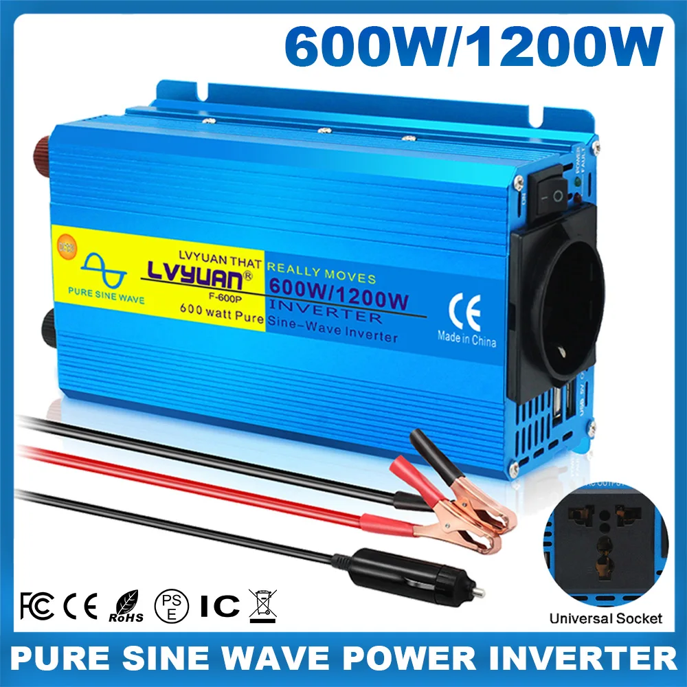 

600W/1200W Car Power Inverter DC 12V/24V to AC 220V Pue Sine Wave Dual USB Ports 50Hz/60Hz Car Converter for Home Camping Travel